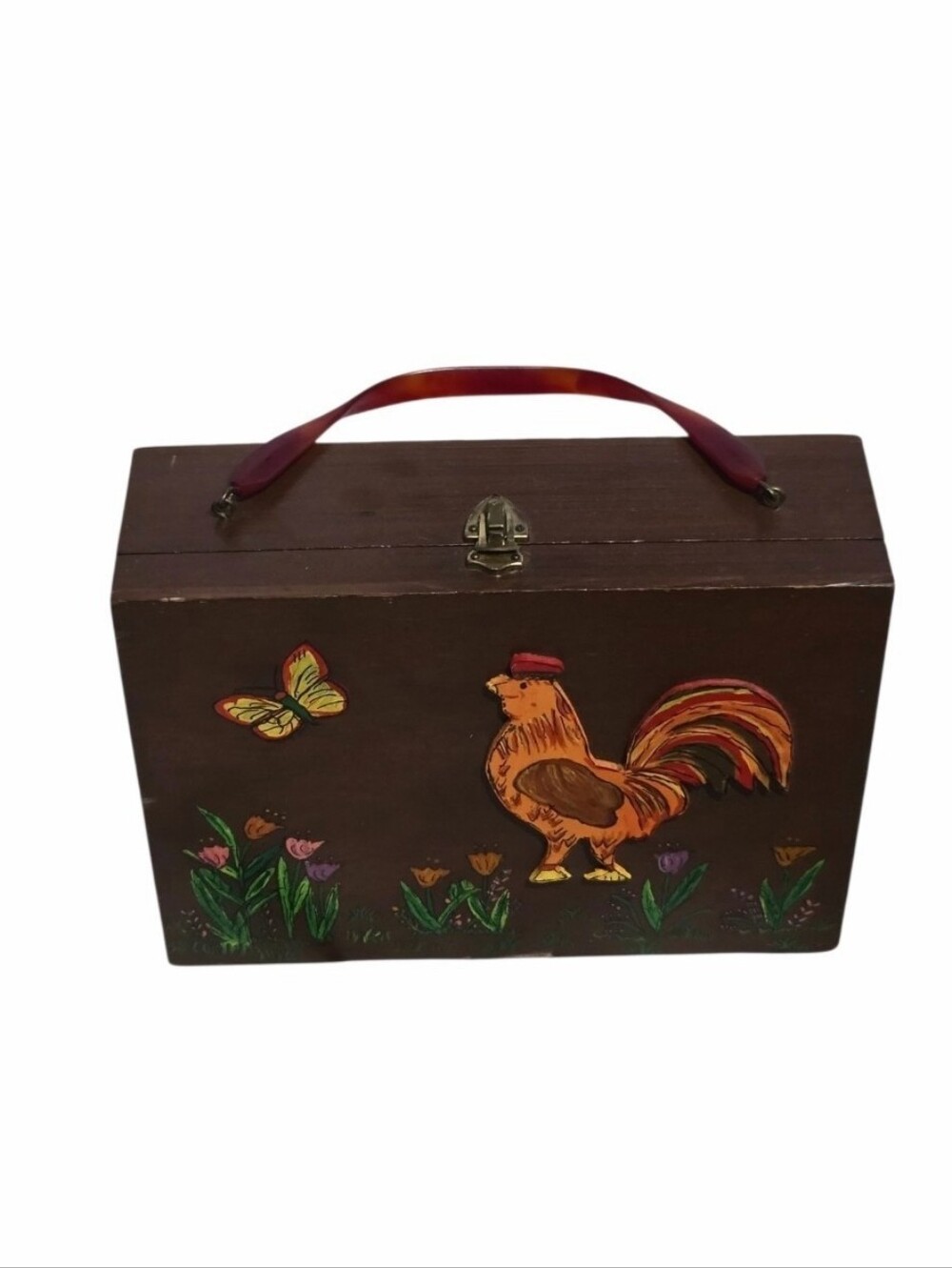 Vintage 60s 70s Wooden Box Purse Handbag Rooster Butterfly Folk Art Mid Century